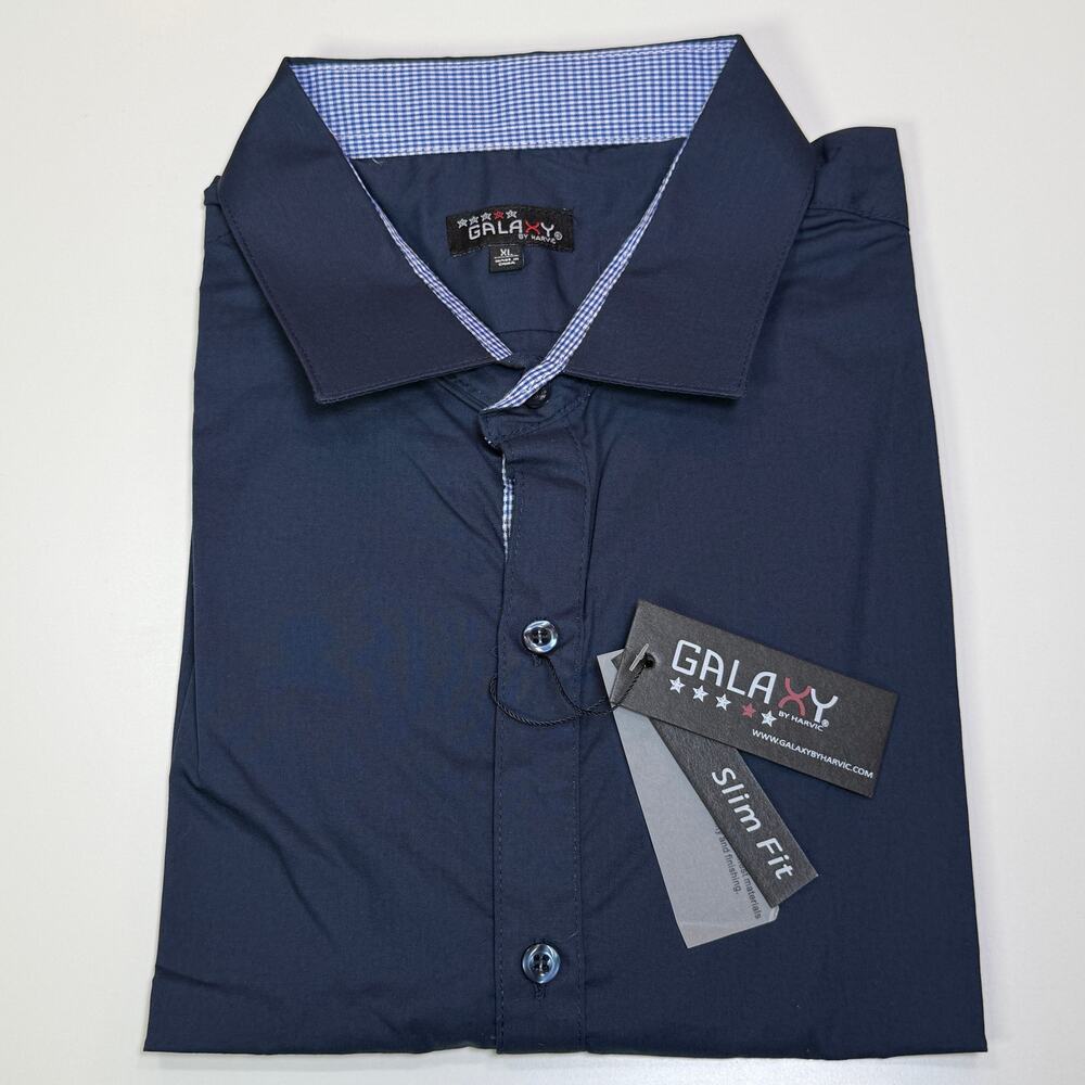Galaxy by Harvic Men's Slim-Fit Short Sleeve Solid Dress Shirts Navy XL